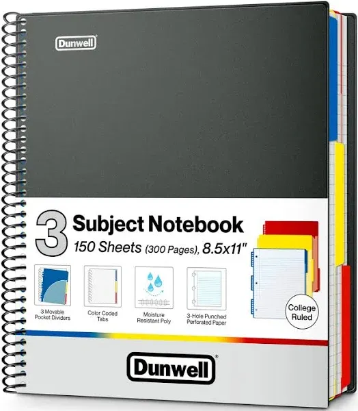 Dunwell 3-Subject Notebook College Ruled 8.5 x 11, 150 Sheets (300 Pages), Spiral Notebook 8.5x11 with Tabs, Movable Dividers, Pockets, Front/Back