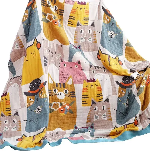 MEJU Cat Kitty Kids Girls Cute Blanket Throw for Bed Sofa Couch,100% Combed Cotton 4 Layer Soft Warm Quilt Throw Blanket Cartoon Bed Coverlet Full Queen 80" X 90"