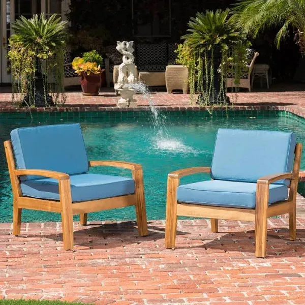 Noble House Teak Finish Wood Outdoor Patio Lounge Chairs with Blue Cushion (2-Pack) 55300