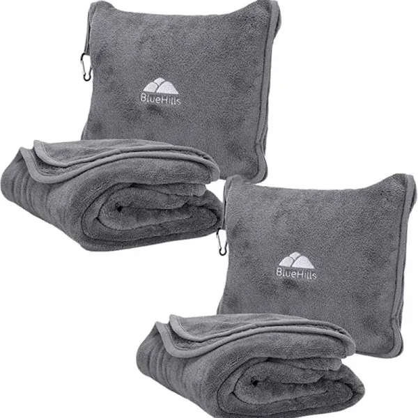 BlueHills Premium Soft Travel Blanket Pillow Value Pack Set of 2 - Airplane Flight Blanket Throw in Soft Bag with Luggage Belt Compact Pack Large Blanket for Travel Gray and Beige Color