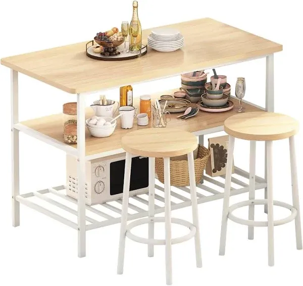 Lamerge Kitchen Table Set for 2,Kitchen Island with Seating and Storage, Island Table for Kitchen with 3 Shelves, Wooden Counter Height Table and Chairs Set,3 Piece Bar Table Set for Small Space,Beige