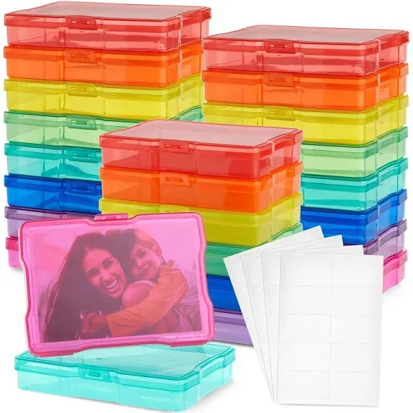 24-Pack Photo Storage Boxes for 4x6 Pictures with 40 Blank Labels, Rainbow Colored Container Cases, Greeting Card Organizer for Arts and Crafts, DIY Projects (64 Total Pieces)