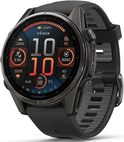 Garmin fēnix® 8-51mm Solar Saphir Premium Multisport GPS Smartwatch Lange Akkulaufzeit Tauchbewertet Integrierte LED-Taschenlampe Carbon Gray DLC Titanium mit Pebble Gray Band