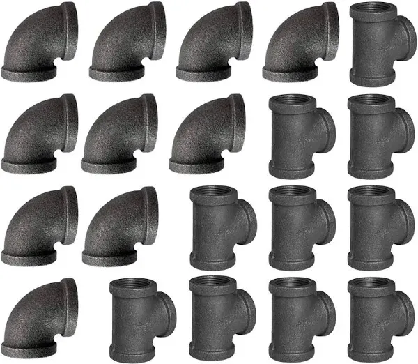 1/2" Pipe Fitting Tee & Elbow, 20 Pack Threaded Cast Black Malleable Iron Pipe Elbow/Tee for Steampunk Vintage DIY Pipe Decor Project/Furniture/Shelving Decoration (10 Tees+10 Elbows)