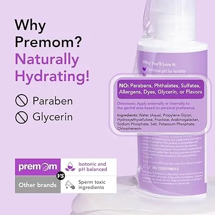 Premom Sperm Friendly Fertility Lubricant Water Based: Glycerin Free - Paraben Free - pH Balanced Pregnancy Prep Lube for Women & Couples Trying to Conceive | 2 Fl Oz