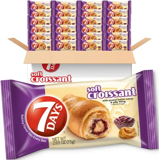 7Days Soft Croissant, Peanut Butter Jelly Filling, On The Go PB&J Lunch, Non-GMO (Pack of 6)