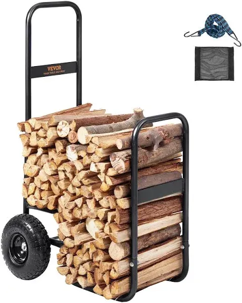 VEVOR Firewood Log Cart, 250 lbs Load Capacity, Outdoor and Indoor Wood Rack Storage Mover with Pneumatic Rubber Wheels, Heavy Duty Steel Dolly Hauler, Firewood Carrier for Fireplace, Fire Pit, Black