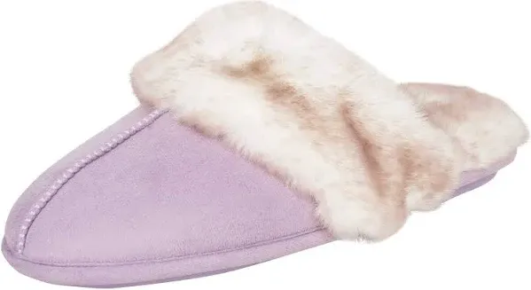 Jessica Simpson Women&#039;s Microsuede Faux Fur Slip On Slippers, Tan, Medium