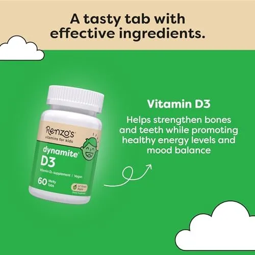 Renzos Dynamite D3 Vitamin D Supplement For Kids Lil Green Apple 60 Melty Tabs