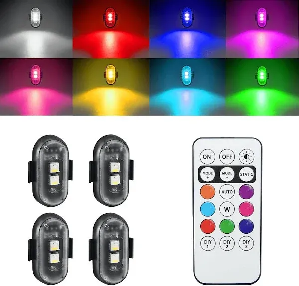 Wireless Led Strobe Lights with Remote, Anti-Collision Light USB Charging High Brightness Led Lights Warning Lights for Cars Drone Aircraft Motorcycle Bike Halloween Decoration(4 Pcs)