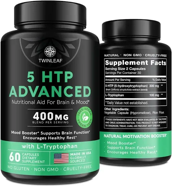 TWINLEAF 5 HTP Supplement for Mood Support - Made in USA - Natural 5-HTP & L-tryptophan Capsules - 5-HTP Booster for Men & Women - Proprietary Formula for Mood and Relaxation - 60 Vegan Capsules