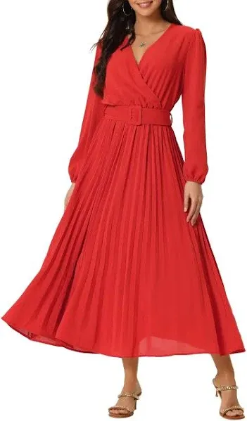 Seta T Women's 2024 Casual Long Sleeve Wrap V Neck Flowy Pleated Midi Dress with Belt