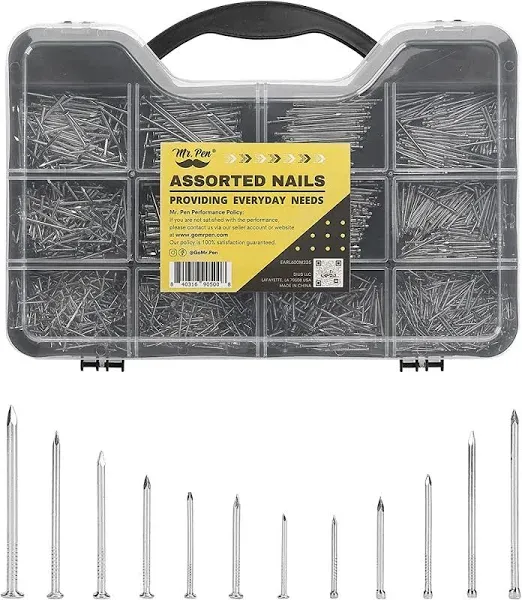 Mr. Pen- Nail Assortment Kit, 1500 Pcs, Assorted 12 Sizes Brad Head and Flat Hea