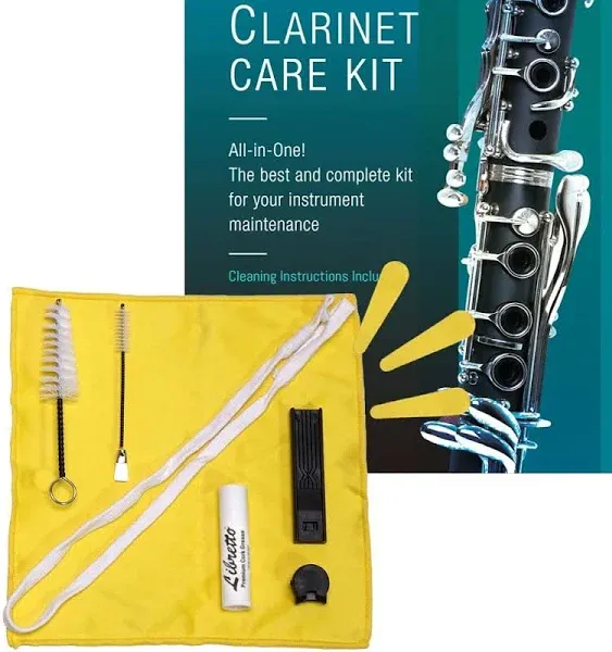 Libretto Clarinet All-Inclusive Care Kit: Mouthpiece Brush + Dust Brush + Microfiber Cleaning Cloth + Thumb Rest + Premium Cork Grease, Microfiber Pad Dryers x 3, Time to Clean Your Clarinet!