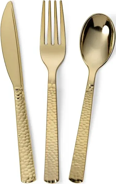 150 Piece Gold Hammered Finish Plastic Cutlery Utensil Set - Metallic Plastic Silverware Set (50 Sets)