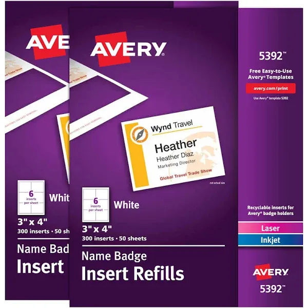 Avery(R) Name Badge Inserts, 3" x 4", White, 2 Packs of 300, 600 Printable Name Tag Inserts Total (35392) | Avery.com