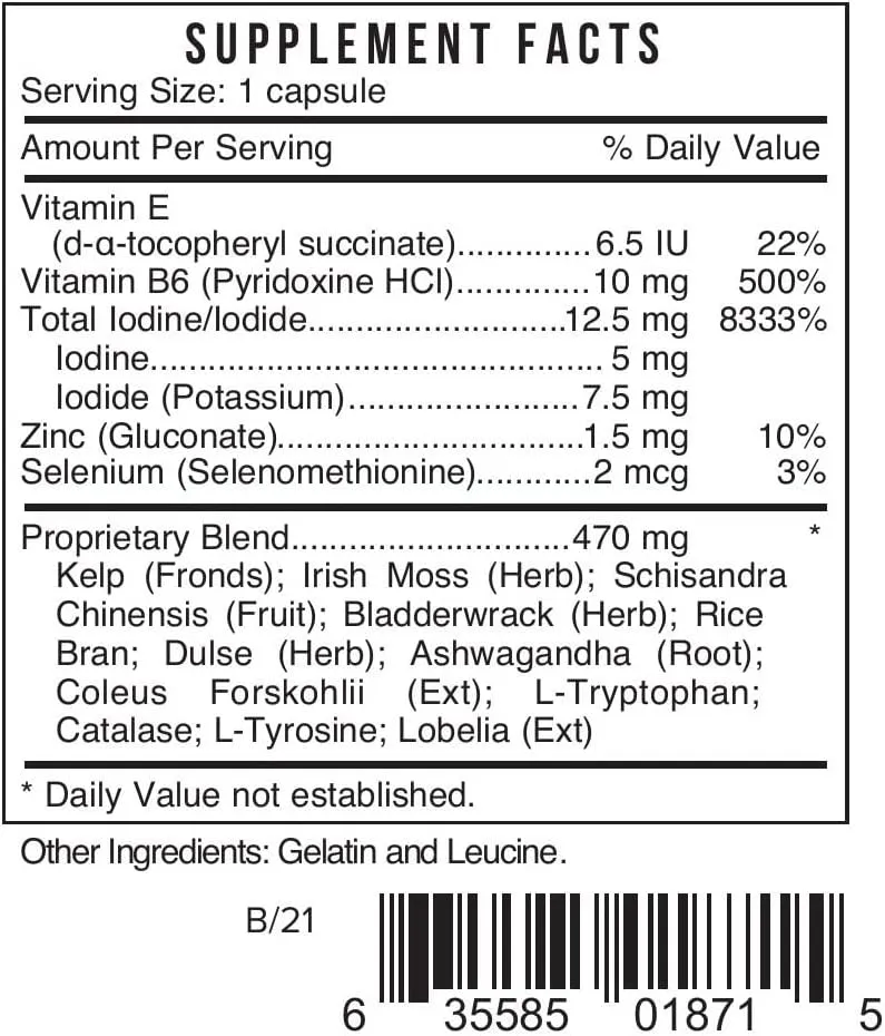 Systemic Formulas Bio Nutriment TMI Thyroid Metabolism + Iodine 60 Capsule #187. Iodine Supplement Thyroid Support for Women and Men Iodine Pills