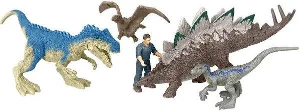 Mattel Jurassic World Dominion Chaotic Cargo Pack of 5 Mini Figures, 1 Human & 4 Dinosaur Toys in Cargo Truck-Themed Package