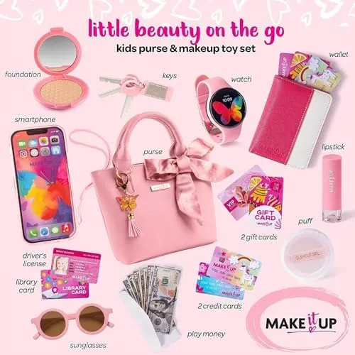 Princess Pretend Play Girls Purse & Toddler Girl Toys Make Up Set I Kids Purse & Fake Makeup Toys I Little Girl Purse with Accessories Phone, Wallet, Play Makeup & More I Toys for 3+ Year Old Girls