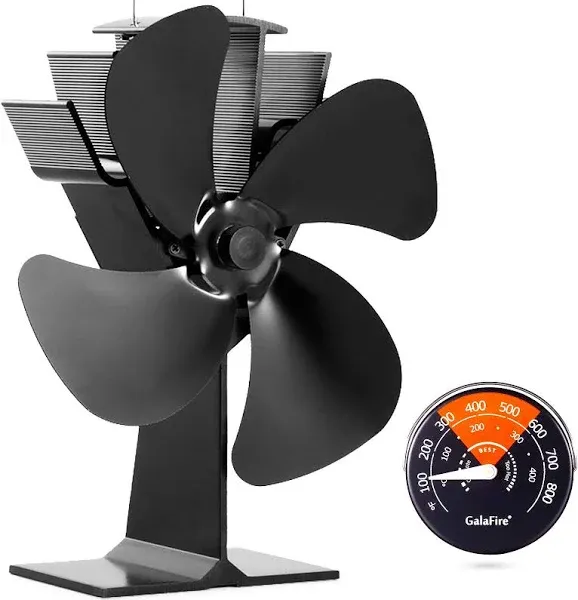 GalaFire Heat Powered Fan For Wood Stove w/ Magnetic Thermometer N430 Black