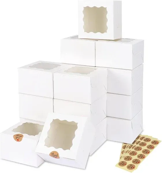 50pcs 4x4x2.5 Inches White Bakery Boxes With Window Cookie Boxes Small Treat Box