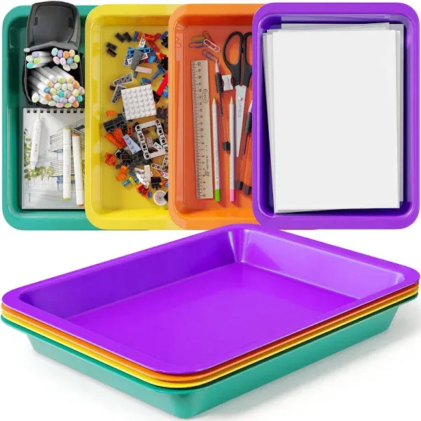 Plastic Trays for Classroom, Office Organizing, Arts & Crafts Letter & Papers Flat Storage Bins Sensory Tray Set of 4 Colo