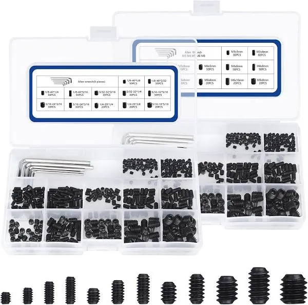 1000Pcs Metric + SAE Set Screw Assortment Kit, Internal Hex Drive Cup-Point Alle