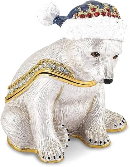 Jere Luxury Giftware Bejeweled Noelle Cuddly Polar Bear Cub, Pewter With Enamel Collectible Trinket Box with Matching Pendant Necklace