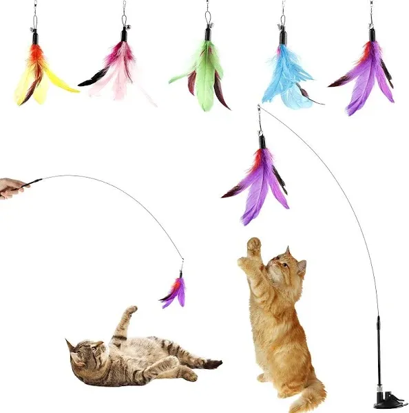 Cat Feather Toys Interactive Cats - Dorakitten Cat Powerful Suction Cup Handheld Teaser Wand Toy and 5PCS Replacement Feather with Bell for Kitty Kitten Scratching Exercise Indoor