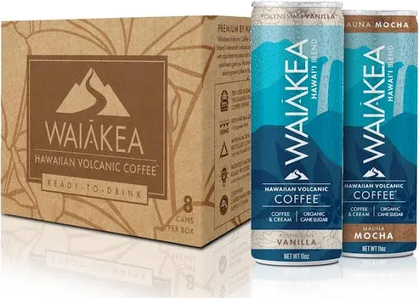 Waiakea Hawaiian Volcanic Coffee - Vanilla & Mocha Combo Pack - Ready to Drink Canned Coffee