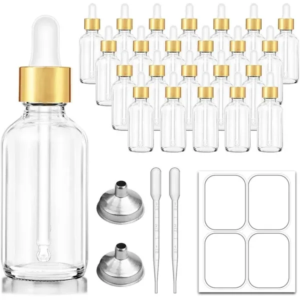 2 oz Dropper Bottle, Glass Eye Dropper Bottles with Golden Top Cap for Essential Oils, 24 Pack Tincture Bottle with Labels and Funnel