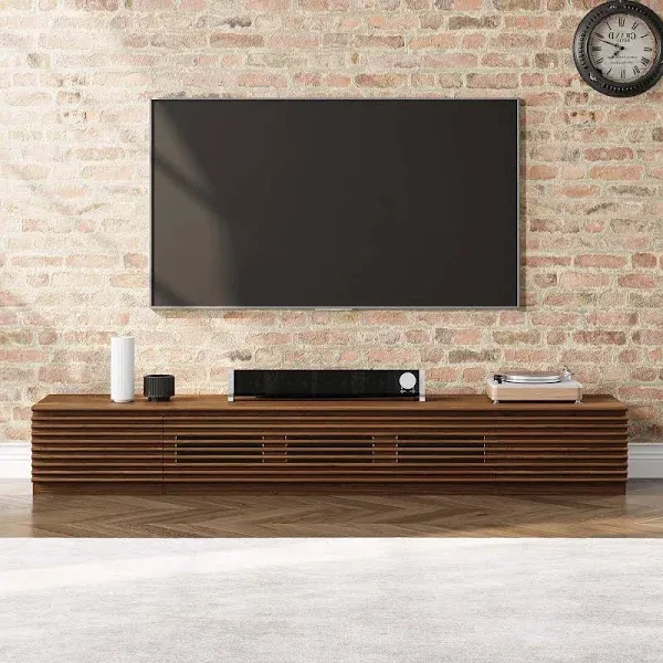 POVISON Wood Media Console, 86'' Mid-Century Modern TV Stand with Storage, Assembly-Free Large Slatted TV Console for up to 85 Inches TV, Customized Compartments & Solid Pinewood Drawer