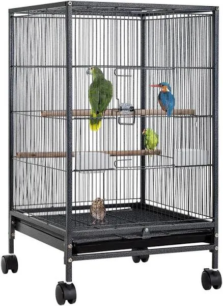 35 Inch Wrought Iron Bird Cage W/Play Open Top and Rolling Stand for Small Birds