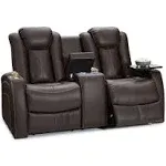 Seatcraft Omega Leather Gel Home Theater Seating Power Recline Loveseat with Center Storage Console and Cup Holders, Brown