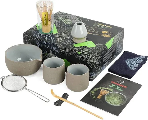 TEANAGOO Matcha Whisk Set Matcha Bowl with Pouring Spout Bamboo Matcha Whisk Scoop Matcha Whisk Holder Tea Making Kit. 1 Japanese Tea Set (7pcs) + 2Cups(7.2oz),S2,Darker Grey,Color Box Packing