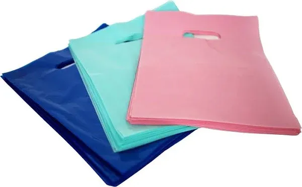 150 9x12 Plastic Merchandise Bags Retail Shopping Bags with Handle Gift Bags Best Colors-ROYAL Blue Light Pink and Teal. Small