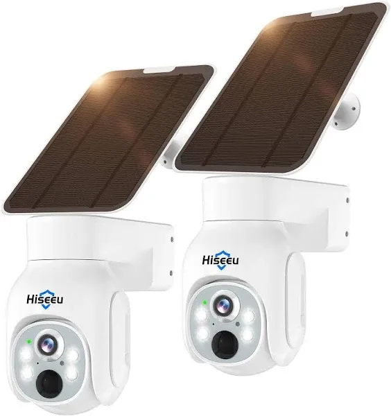 Hiseeu Wireless Solar Security Camera, 2PCS 4MP Battery Camera Outdoor, PTZ 360° View, PIR Motion Detection, Color Night Vision, IP66, 2-Way Audio, 2.4G WiFi