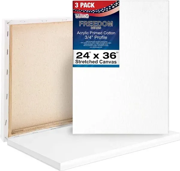 U.S. Art Supply 24 x 30 inch Stretched Canvas 12-Ounce Triple Primed, 3-Pack - Professional Artist Quality White Blank 3/4" Profile, 100% Cotton, Heavy-Weight Gesso - Acrylic Pouring, Oil Painting