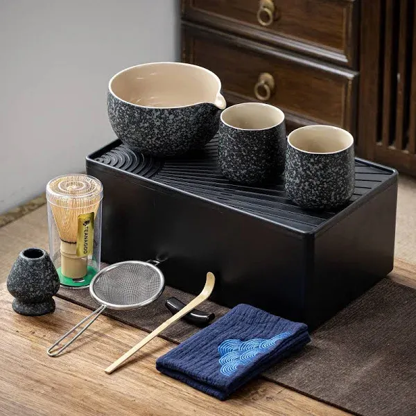 TEANAGOO Matcha Kit + 2 Cups with Storage box, 12 Pcs Travel Matcha Tea Set, Ceramic Matcha Bowl (18oz), Matcha Cup(7.2oz), Bamboo Whisk(百本立), Sifter, WS1, Rock Charcoal Grey, Best Matcha Gift