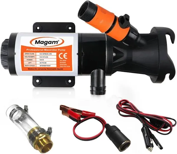 RV Macerator Pump 12V 12GMP, RV Waste Pump with Garden Hose Discharge Port, Quick Release Sewage Portable RV Pump With Fresh Water Rinse And Manual Crushing Function, For Marine/RV/Campers