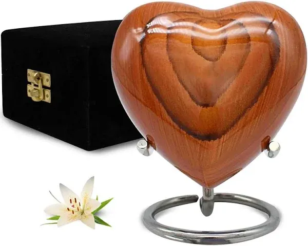 Heart Urn for Human Ashes for Women & Men - Metallic Wooden Print Urn for Ashes - Decorative Heart Keepsake Urn - Honor Your Loved One with Mini Wooden Heart Shaped Urn with Stand (Dark Wooden, Small)