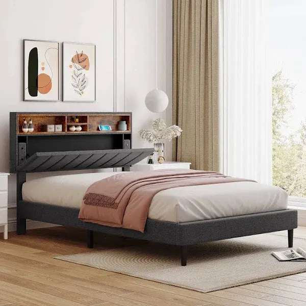 Gray Merax Modern Upholstered Platform Bed With Storage Headboard And Usb Port