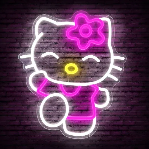 Hello Kit Neon Sign Dimmable Kitty Neon Sign Kawaii Cat Anime Neon Sign Kitty Room Decor Lights for Girl's Room Child Bedroom Birthday Halloween Christmas Gift 14.7’’x12.5’’