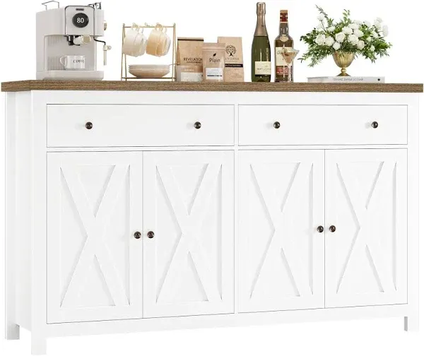 FOTOSOK Sideboard Buffet Cabinet with Storage, 55" Large Kitchen Storage Cabinet with 2 Drawers and 4 Doors, Wood Coffee Bar Cabinet Buffet Table Console Cabinet for Kitchen Dining Room, White