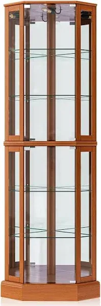 Belleze Lighted Curio Cabinet Corner Display Case for Living Room, China Hutch with Tempered Glass Doors and Shelves, Wooden Accent Cabinet, Bar and