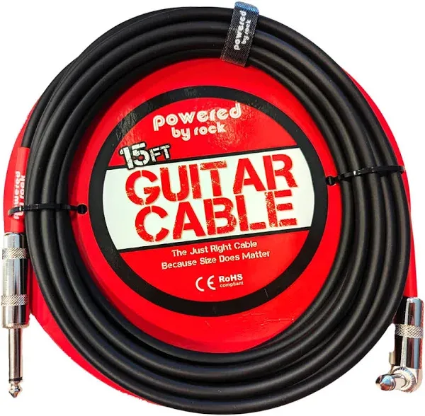 15ft Guitar Cable for Electric Guitar & Bass - Crystal Clear Instrument Cable & Tangle Free - 1/4 Inch Male to Male Inputs with a Right Angle Jack On One End to Secure Your Amp Cord