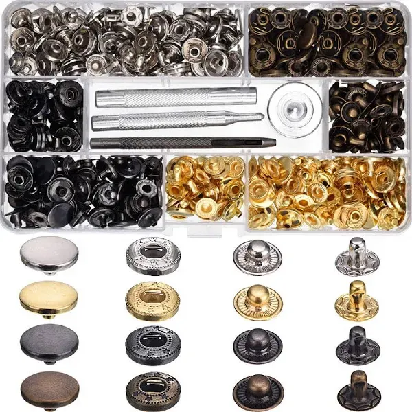 100 Set Snap Fasteners Leather Snaps Button Kit Press Studs with 4 Pieces Fixing Tools, 12.5 mm in Diameter