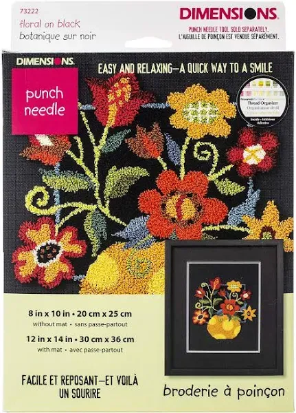 Dimensions Floral On Black Punch Needle Kit 8"x10"