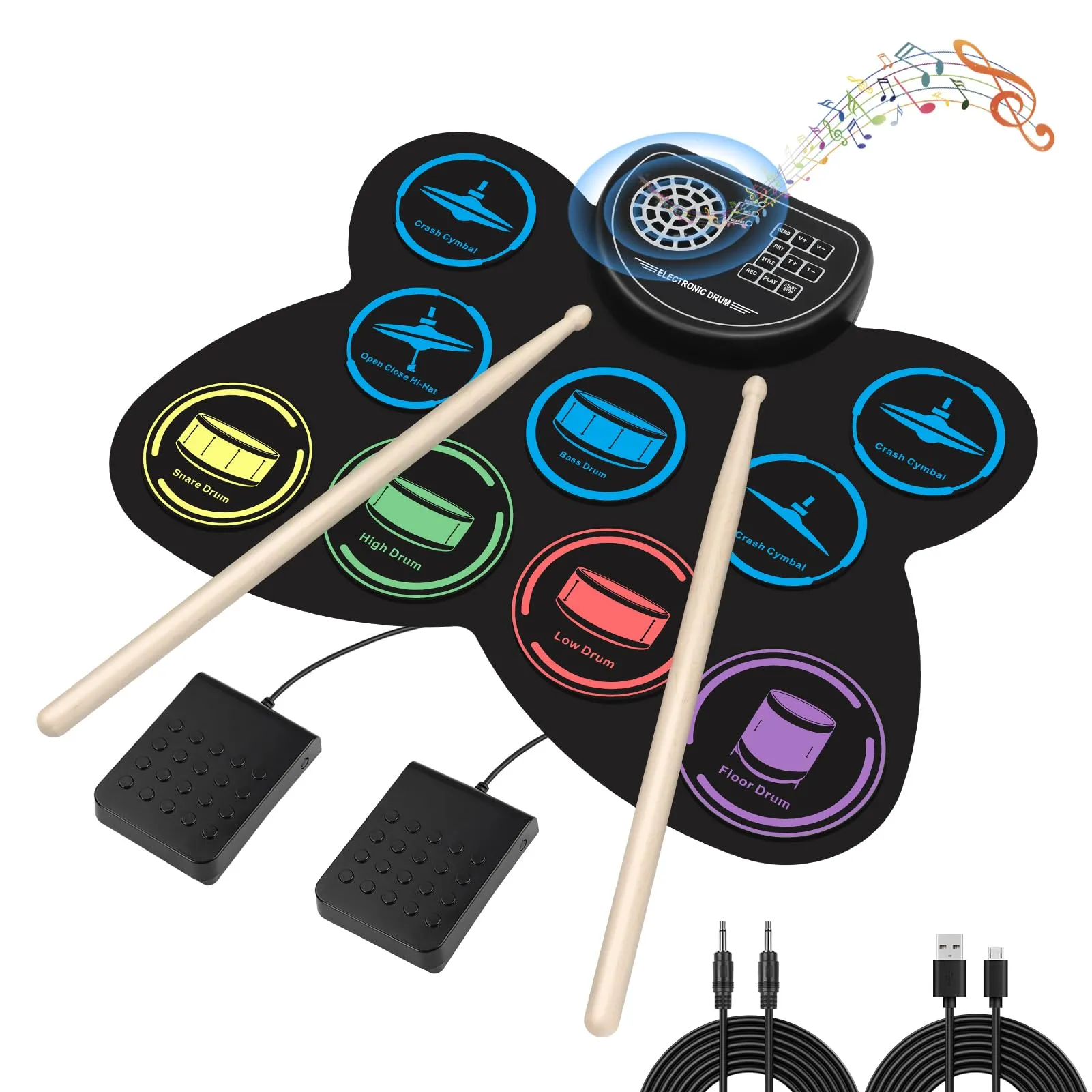 Electronic Drum Set Marrilley 9 Drum Practice Pad with Headphone Jack Roll-up Drum Pad Machine Built-in Speaker Drum Pedals Drum Sticks 10 Hours