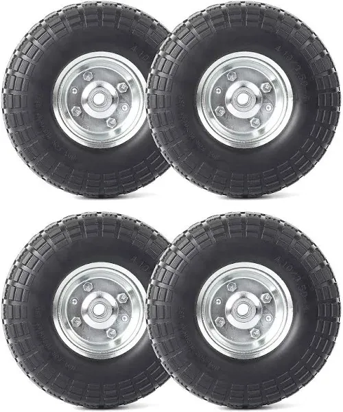 4 Pack 10-Inch Tires and Wheels 4.10/3.50-4 Replacement Utility Tires for Dolly, Hand Truck, Gorilla Cart, Generator, Lawn Mower, Garden Wagon With 5/8-Inch Axle Borehole and Double Sealed Bearings